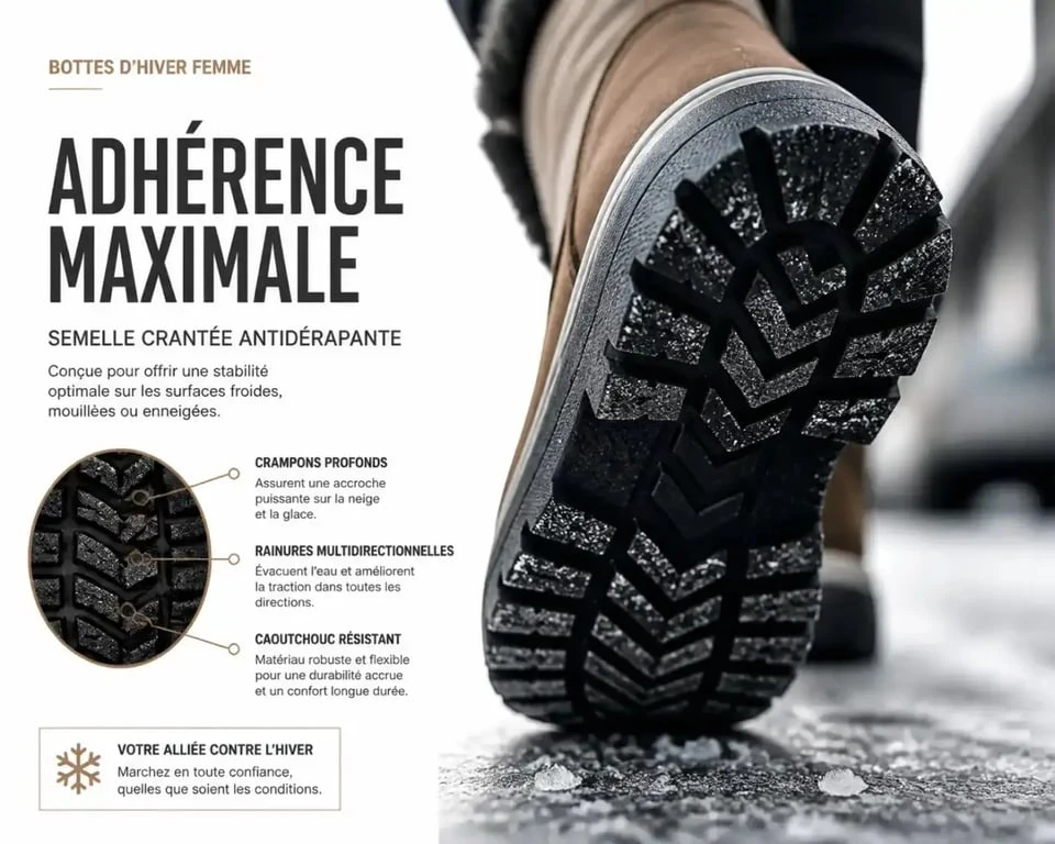 Semelle antidérapante d'une chaussure femme pour hiver sur sol givré