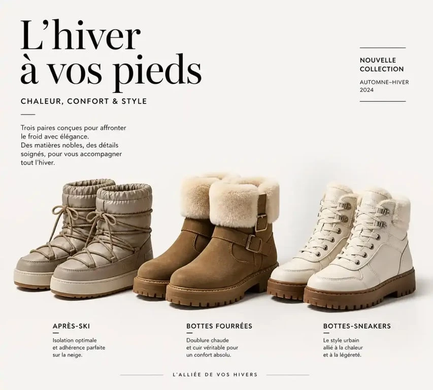 Trois types de chaussures femme pour hiver comparés côte à côte