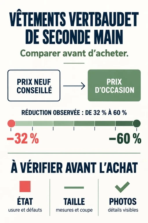 Infographie sur Vertbaudet seconde main comparant prix neuf, prix d'occasion et état des vêtements