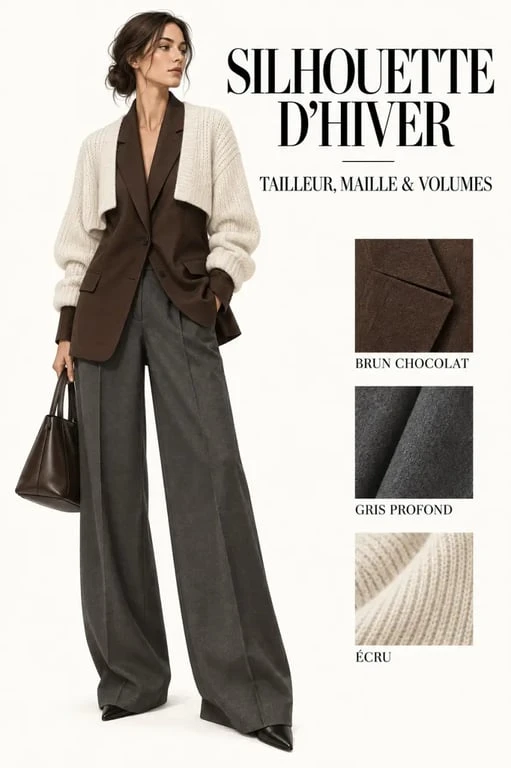 Tendance mode hiver 2025 avec tailoring souple, pantalon ample et boléro en maille