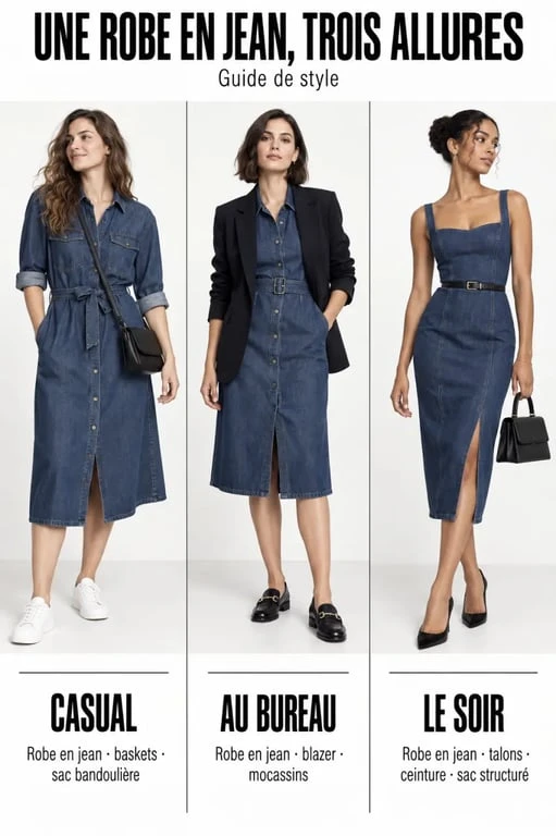 Trois idées de looks avec une robe jean femme pour le quotidien, le bureau et le soir