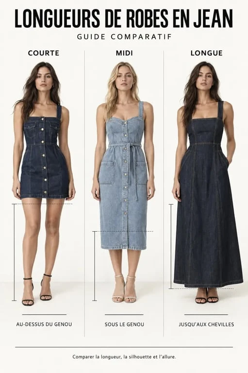 Robe jean femme courte, midi et longue comparées selon la silhouette