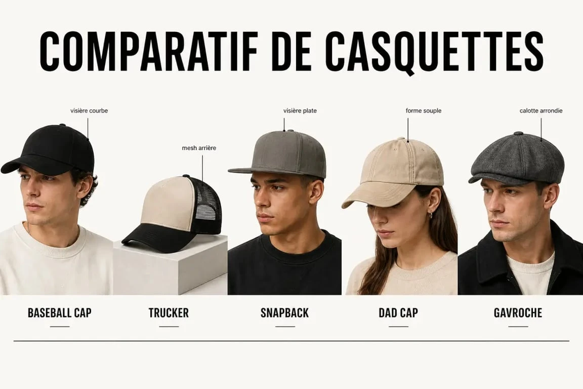 Casquette du moment : comparaison visuelle des modèles baseball, trucker, snapback, dad cap et gavroche