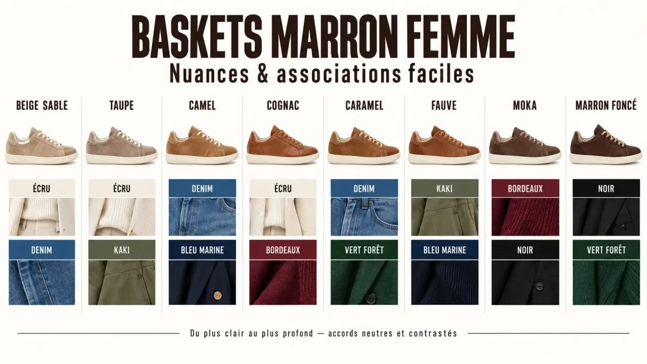 Palette de nuances pour choisir des baskets marron femme, du taupe au cognac et au moka
