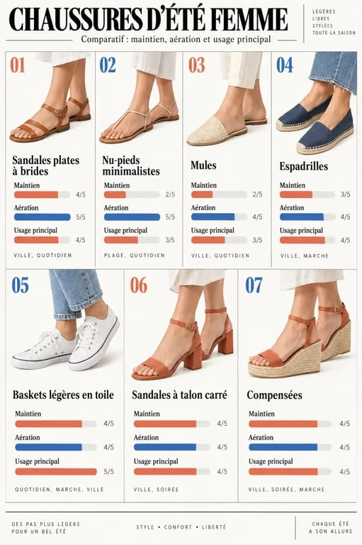 Infographie comparative des chaussures d’été femme : sandales, mules, espadrilles, baskets et compensées