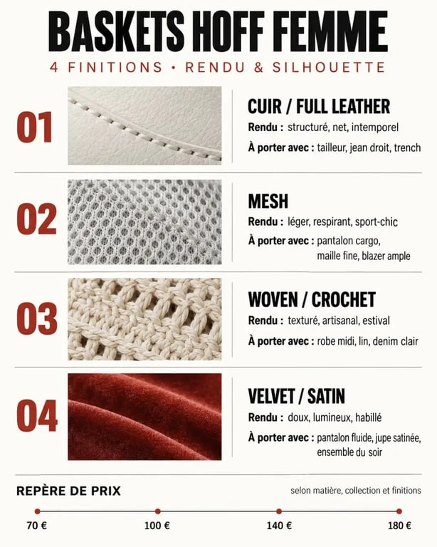 Infographie des baskets HOFF femme par matière et niveau de prix