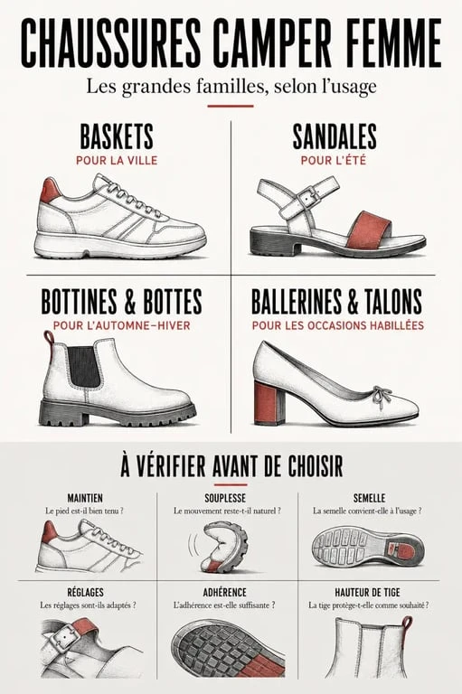 Camper chaussures femme : familles de modèles et critères de choix selon l’usage et la saison
