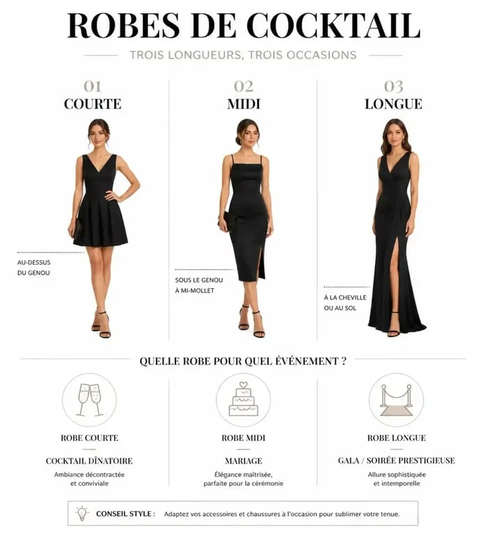 Infographie comparative des longueurs de robe cocktail femme selon l'événement