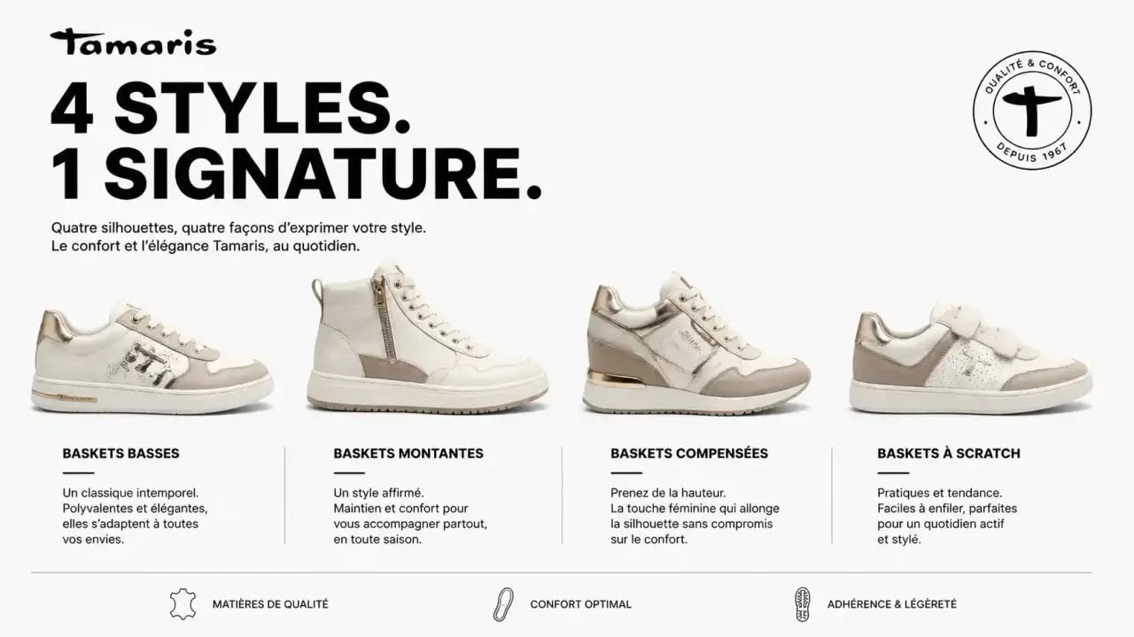 Différents modèles de tamaris baskets femme : basses, montantes, compensées et à scratch