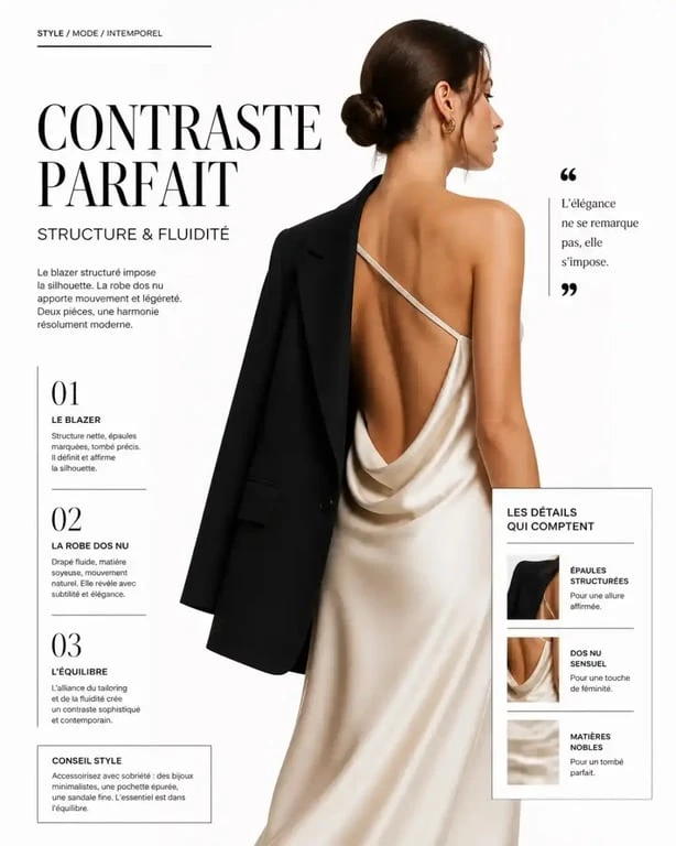 Association d'un blazer avec une robe dos nu femme pour un style structuré