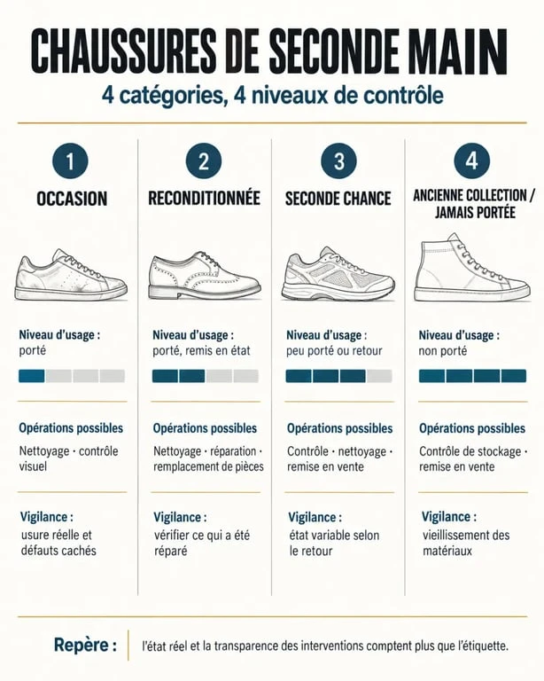 Infographie sur les chaussures seconde main : occasion, reconditionné, seconde chance et ancienne collection