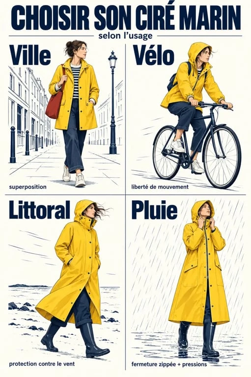 Infographie sur le choix d’un ciré marin femme selon l’usage, de la ville à la pluie soutenue