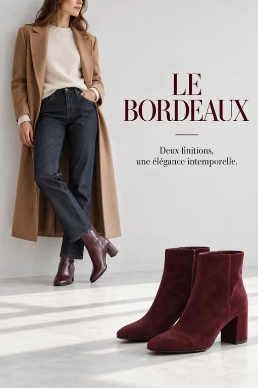 Chaussures bordeau femme associées à une tenue beige, crème et camel