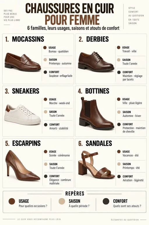 Chaussures cuir femme classées par modèle, usage et saison