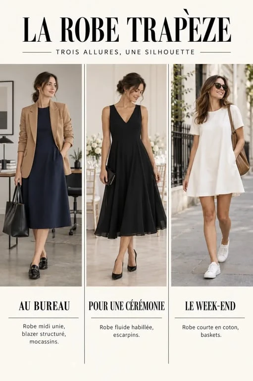 Robe trapèze femme portée au bureau, pour une cérémonie et le week-end