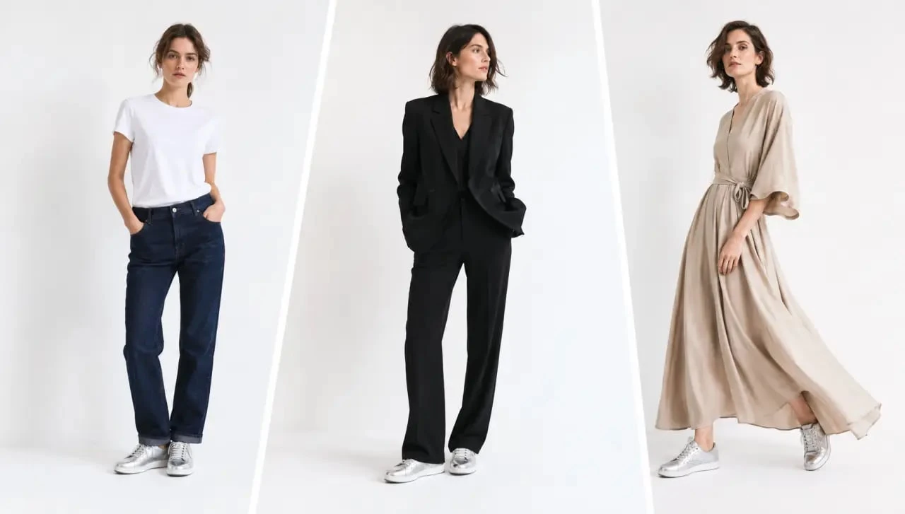 Baskets argent femme portées dans trois looks éditoriaux : jean brut, tailleur noir et robe beige