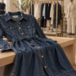 Robe jean femme en denim bleu, ceinture nouée, boutons visibles