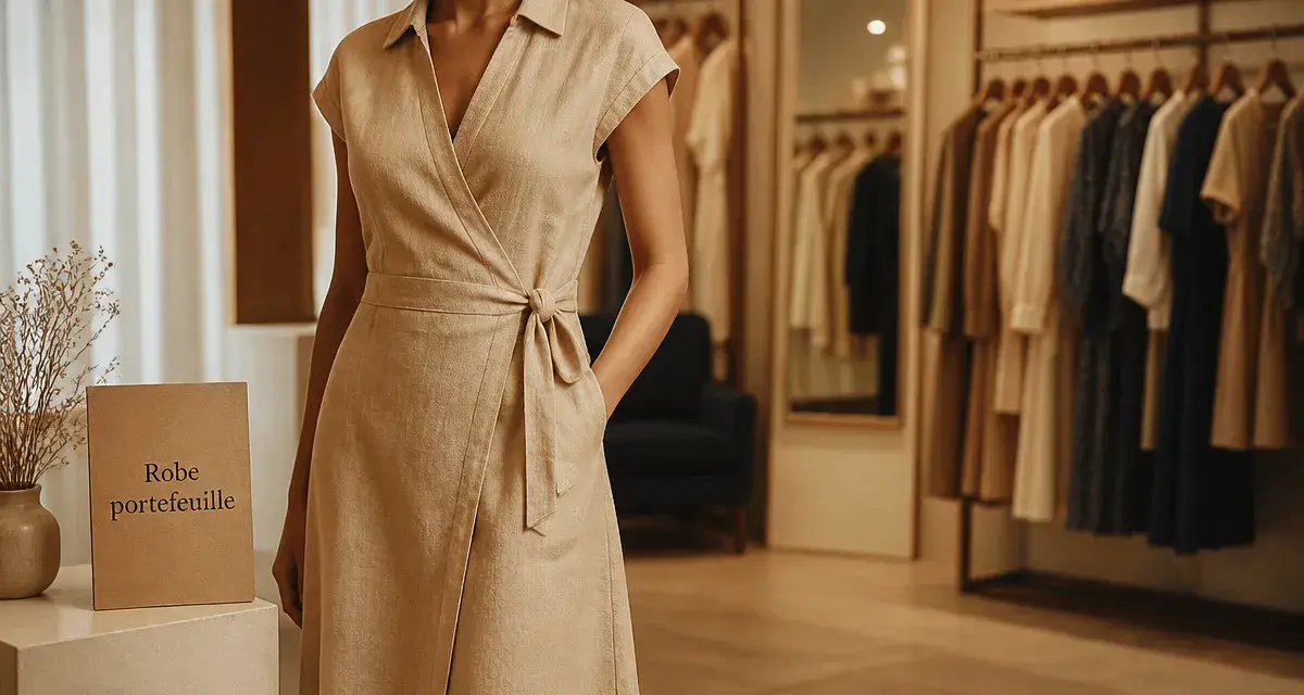 Robe ralph lauren femme portefeuille en lin beige, vue boutique