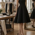 Robe trapèze femme noire en atelier de couture, vue 3/4