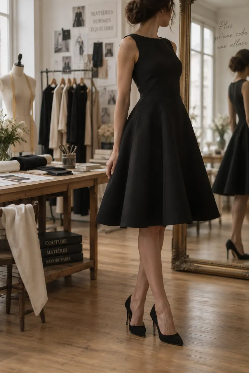 Robe trapèze femme noire en atelier de couture, vue 3/4