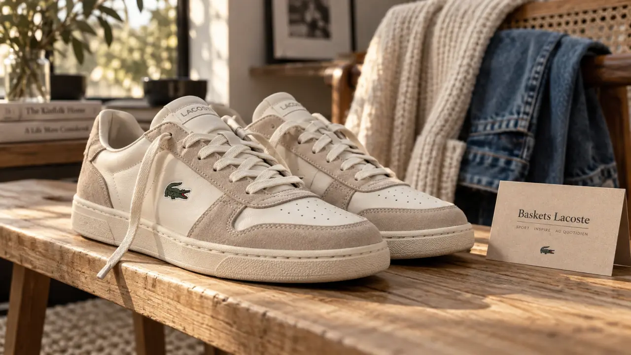 Baskets lacoste femme cuir, suédé ou blanc sur banc bois clair