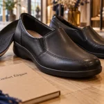 Chaussures femme confortables et élégantes en cuir noir mat, vue au sol