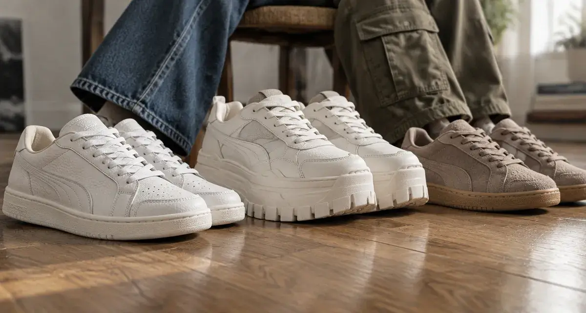 Chaussures femme Puma : basket blanche, plateforme chunky et suède taupe