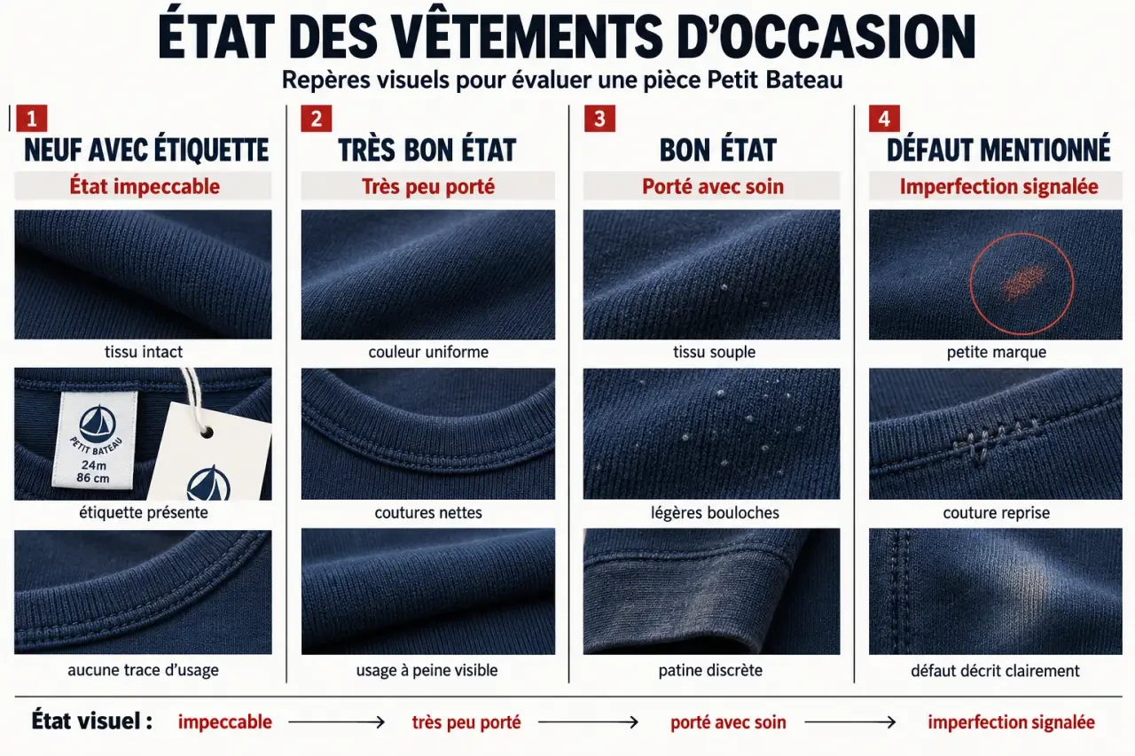 Infographie sur l’état des vêtements Petit Bateau de seconde main