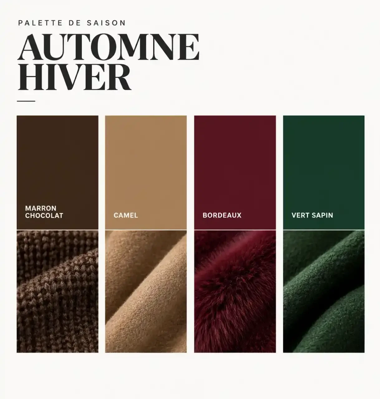 Palette de couleurs de la mode femme Kiabi automne-hiver : chocolat, camel, bordeaux et vert sapin pour un look ton sur ton