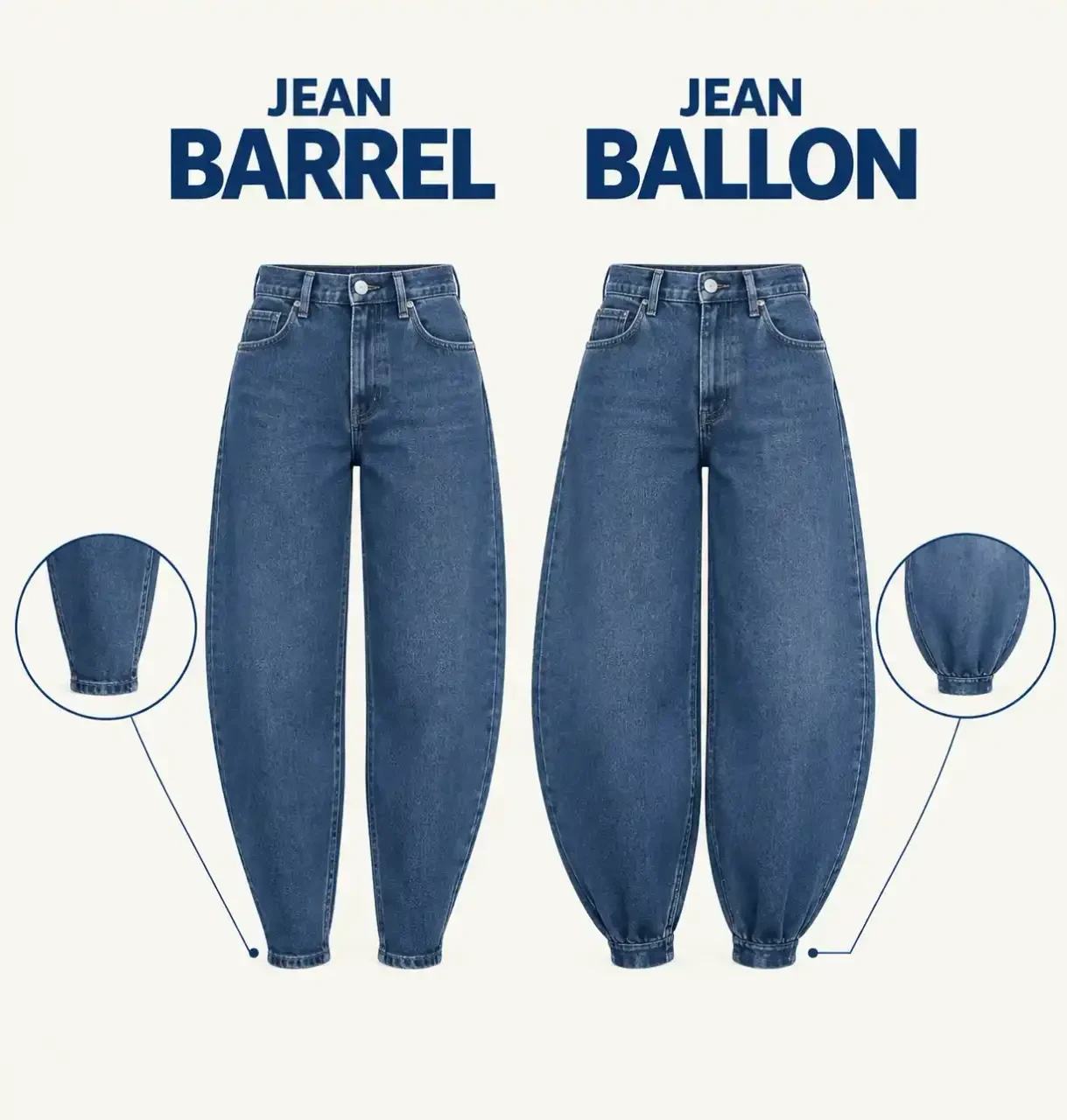 Kiabi mode femme : différence entre le jean barrel et le jean ballon, comparaison des silhouettes