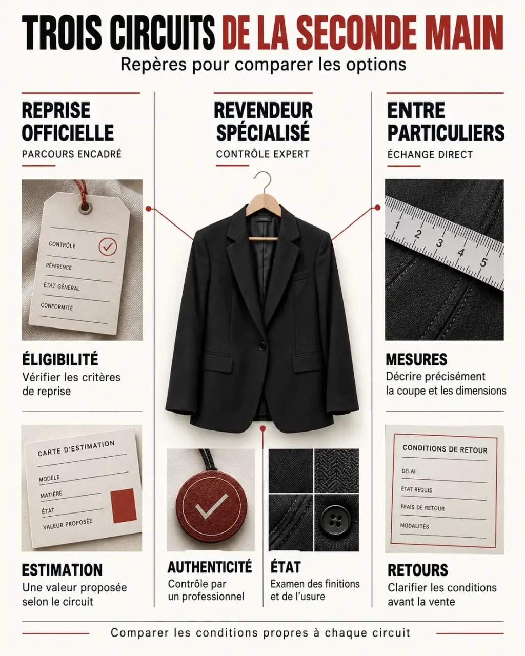 Infographie Sandro seconde main : reprise officielle, revendeur spécialisé et vente entre particuliers