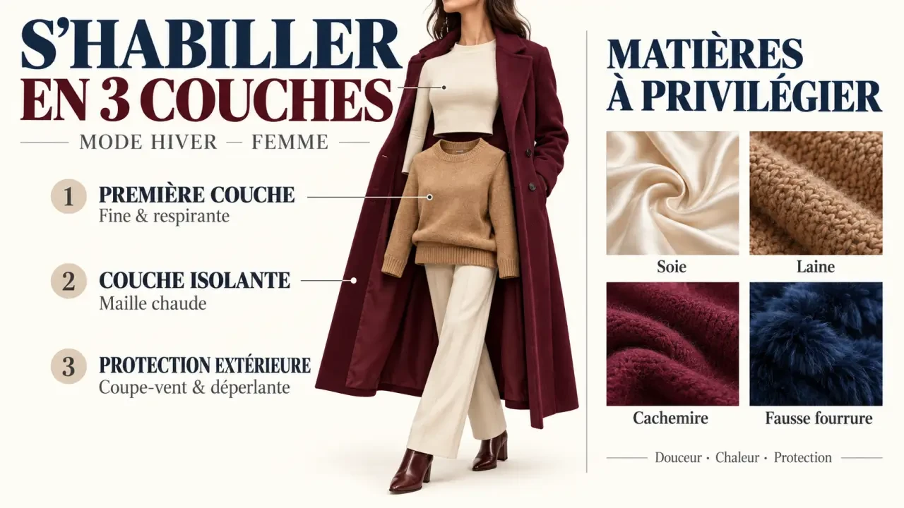Infographie mode hiver femme sur la superposition des couches et les matières chaudes