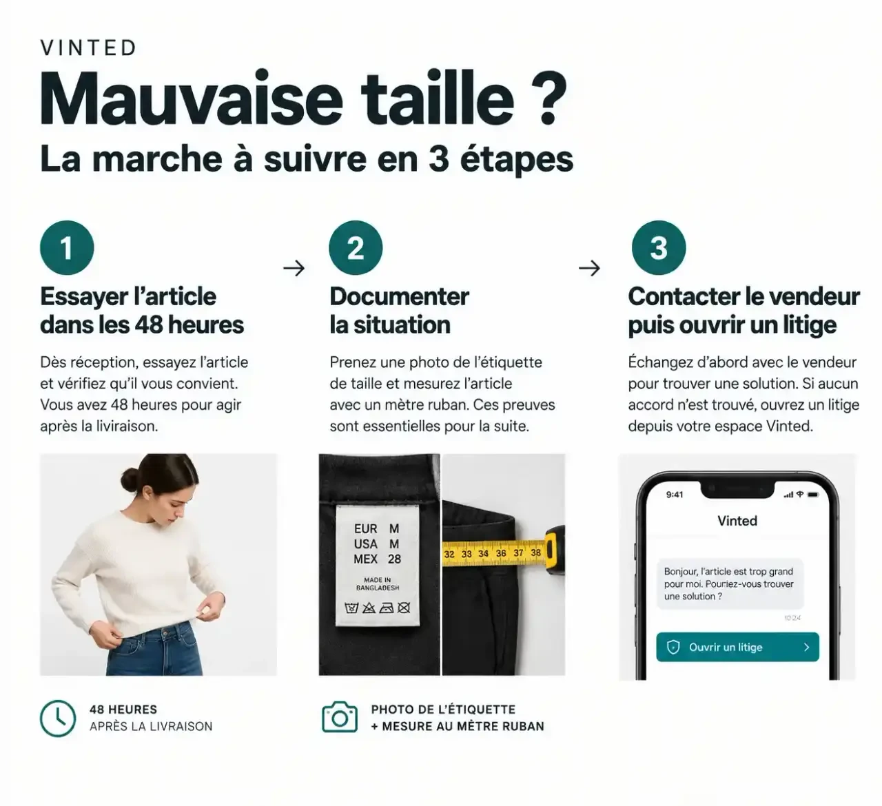 Retour Vinted mauvaise taille : les étapes à suivre dans les 48 heures, de l'essai au litige