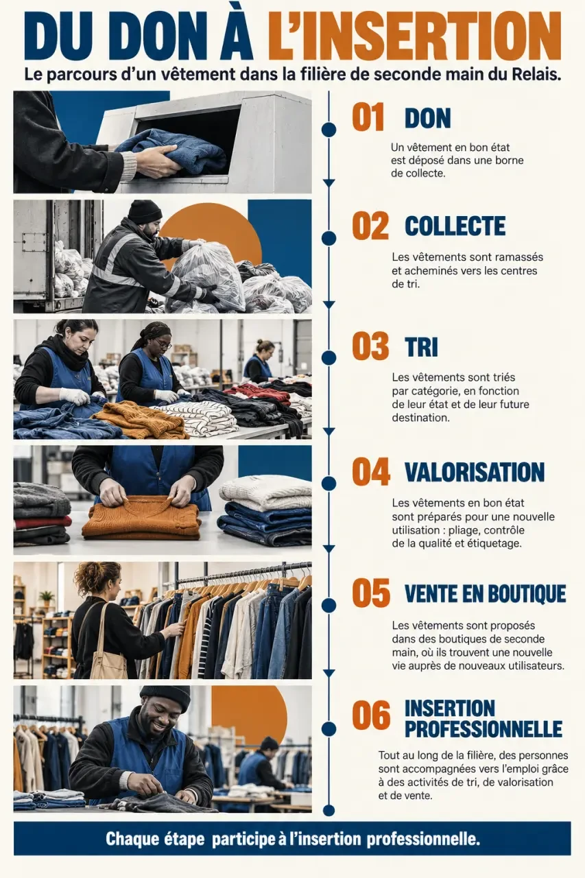 Parcours d’un vêtement dans une boutique de seconde main Le Relais, du don à la vente et à l’insertion professionnelle