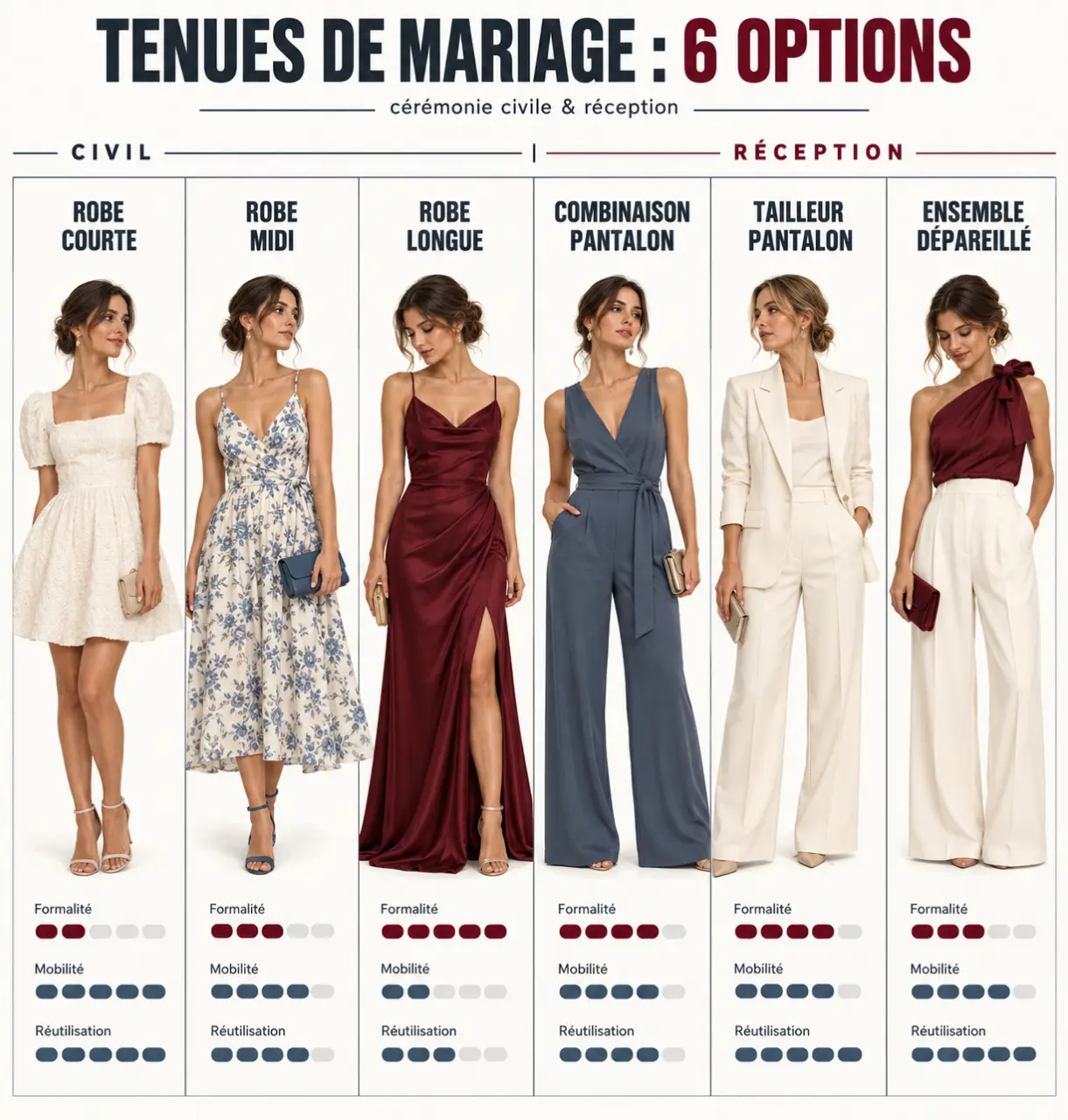 Quelle tenue choisir pour un mariage : comparaison entre robe courte, robe midi, robe longue, combinaison et tailleur