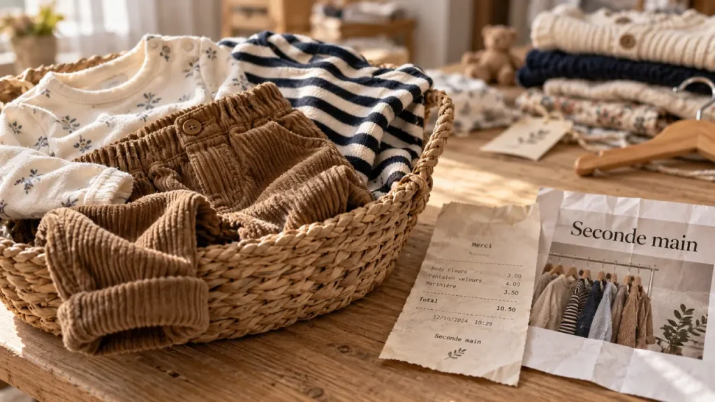 Petit Bateau seconde main : panier de vêtements, reçu, repérer taille, prix, défauts