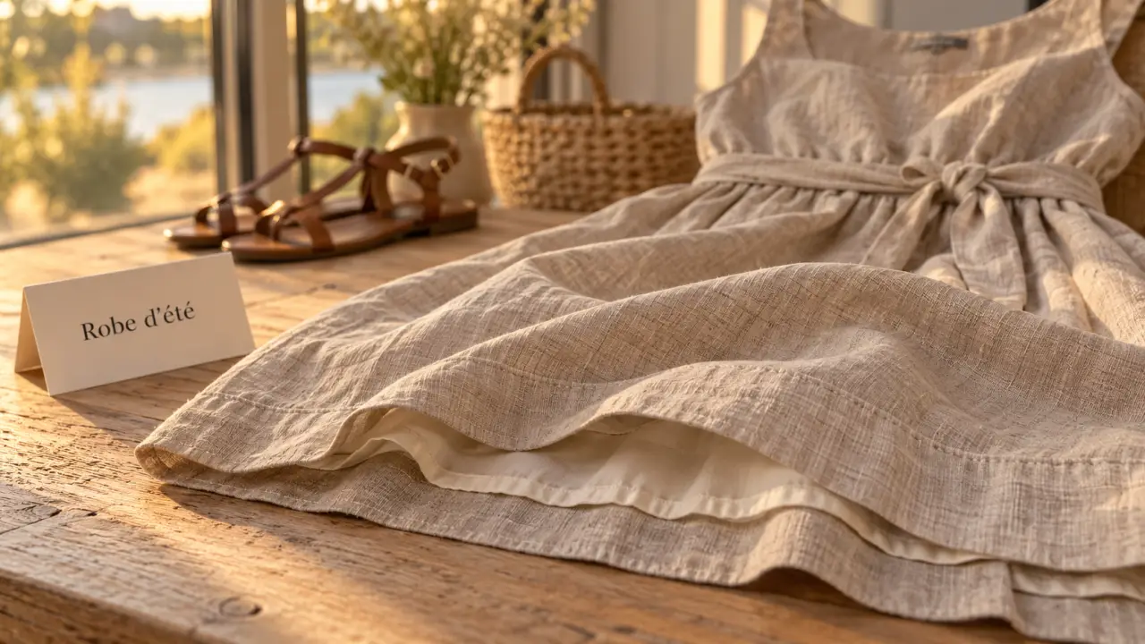 Robe longues femme ete en lin beige, sandales et panier en arrière-plan