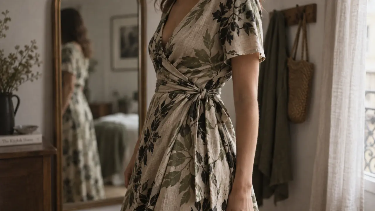Robe portefeuille femme imprimée, col V et ceinture nouée pour silhouette confortable